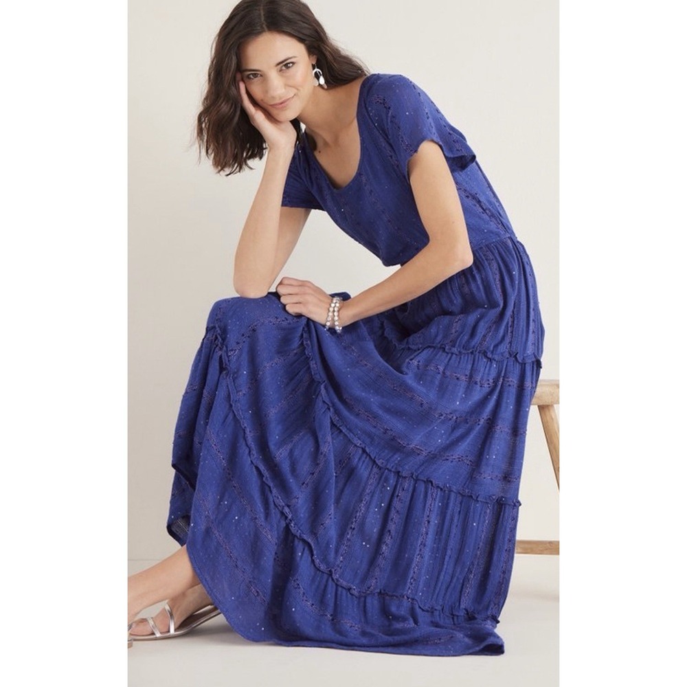 NWT Soft Surroundings Kara Shimmer Tiered Maxi Dress Large Blue Women Woven Boho